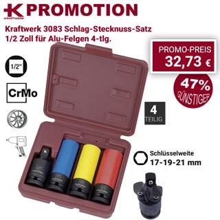 Kraftwerk 3083 Schlag-Stecknuss-Satz 1/2 Zoll für Alu-Felgen 4-tlg. zum Promo-Preis bestellen