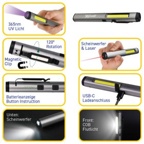 XCell Multi LED Akku Inspektionslampe Penlight Wei&szlig; + UV + Laser